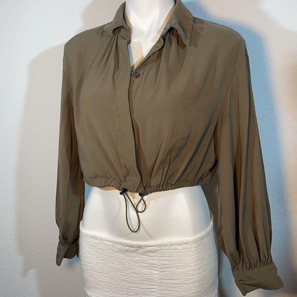 Zara Crop Button Down Shirt with Drawstring - Olive - Picture 5 of 14